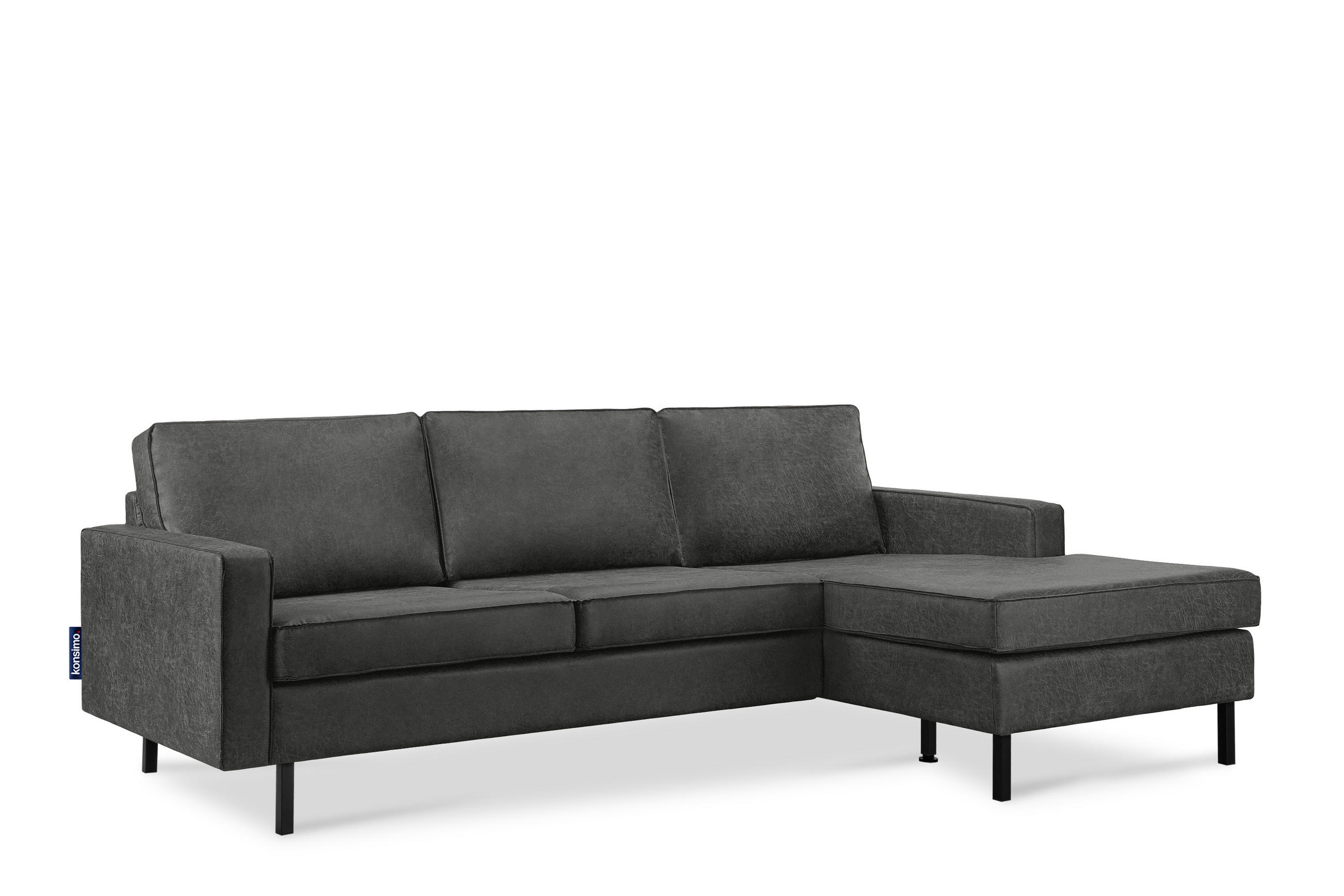 ECKSOFA-RECHTS INVIA mit Armlehnen vintage, Lederoptik-Stoff, dunkelgrau - Dunkelgrau/Schwarz, Textil (234/160cm) - KONSIMO®