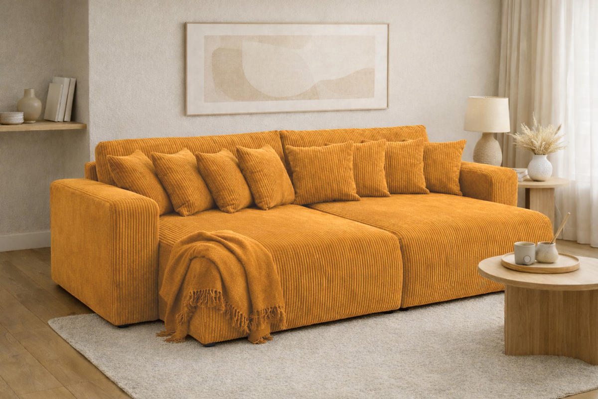 SCHLAFSOFA, Cordstoff Poso, Senffarbe, PIANO DOUBLE - Gelb, Holz (246/83/145cm) - Kaiser Möbel