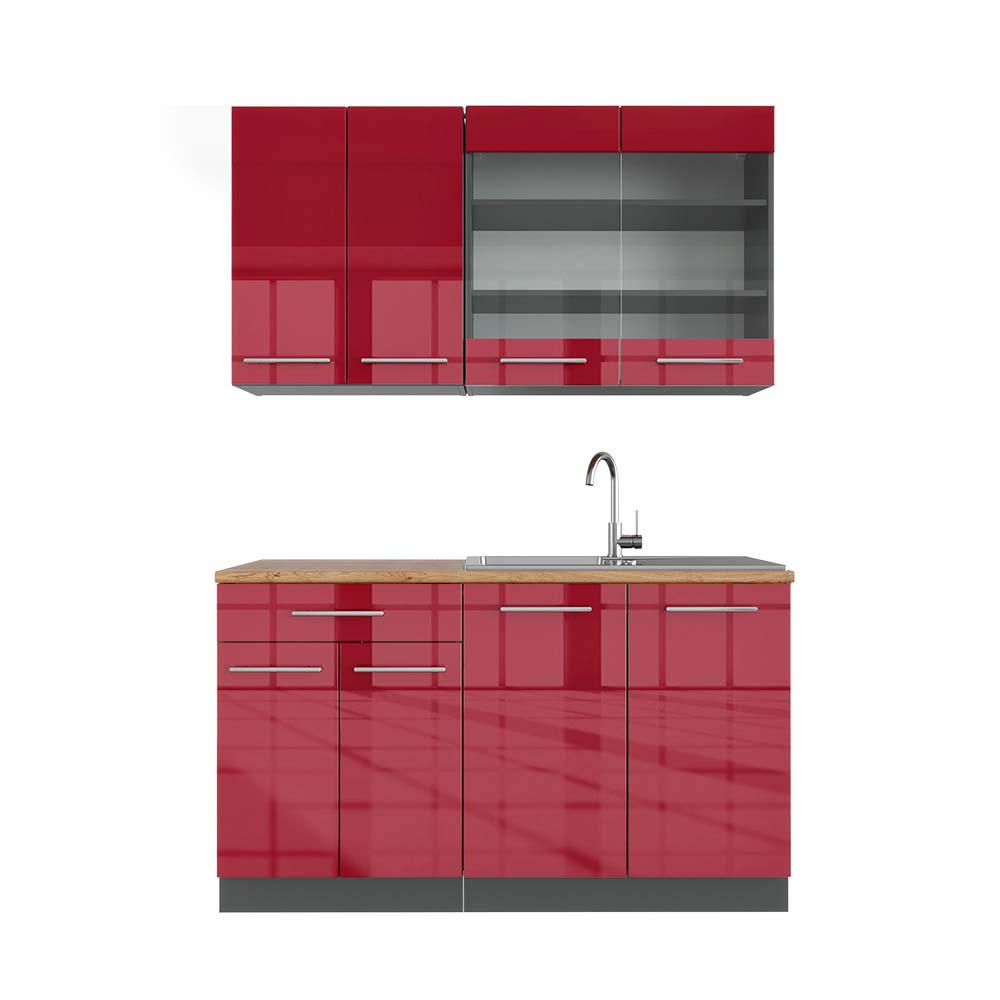 SINGLEKÜCHE Fame-Line Bordeaux Hochglanz/Anthrazit 140 cm, AP Eiche - Bordeaux/Anthrazit, Holzwerkstoff (140/81.6/60cm) - Vicco