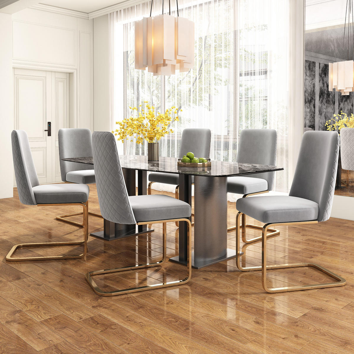 ESSZIMMERSTUHL 2er Set Samt Diamant Grau Gold Metallbeine - Grau, Textil (52/88.8/46cm) - FLIEKS
