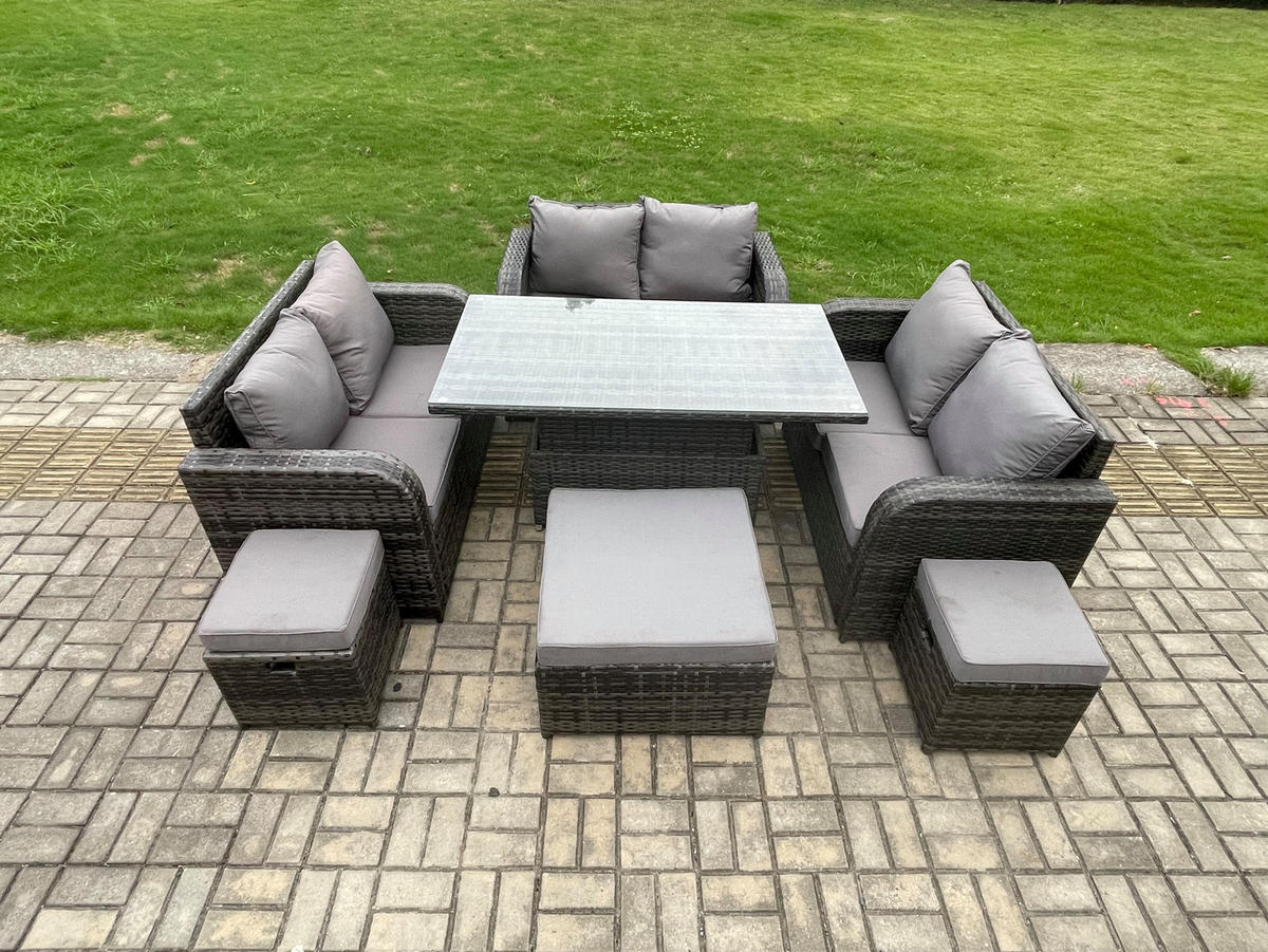 GARTENSOFA SET Polyrattan Dunkelgrau 9-Sitzer - Dunkelgrau, Metall - Fimous
