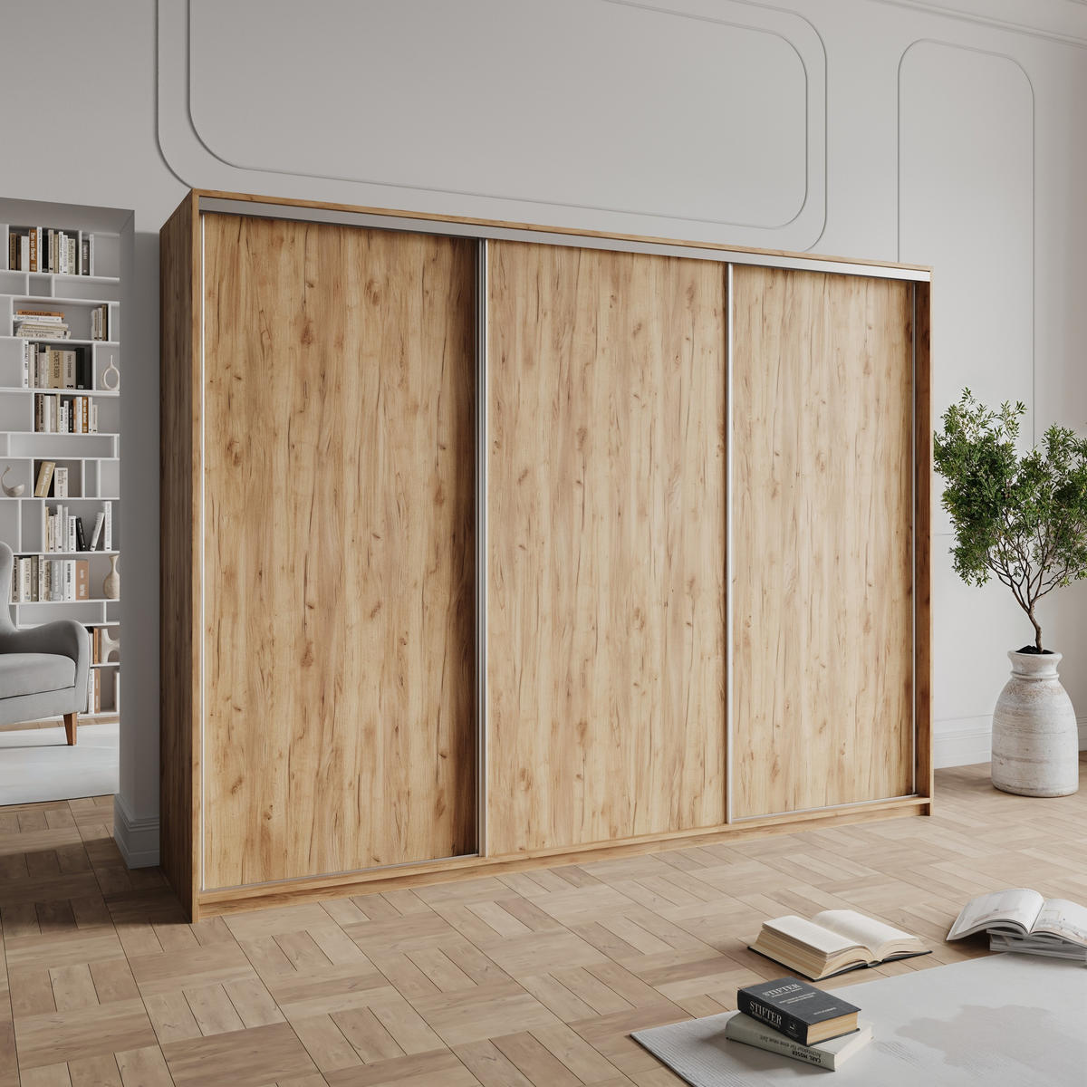 SCHWEBETÜRENSCHRANK NISSE 250/205/60 cm 3-türig mit Schubladen Craft Eiche Gold - Orange/Nickelfarben, Holzwerkstoff (250/205/60cm) - MASSENO
