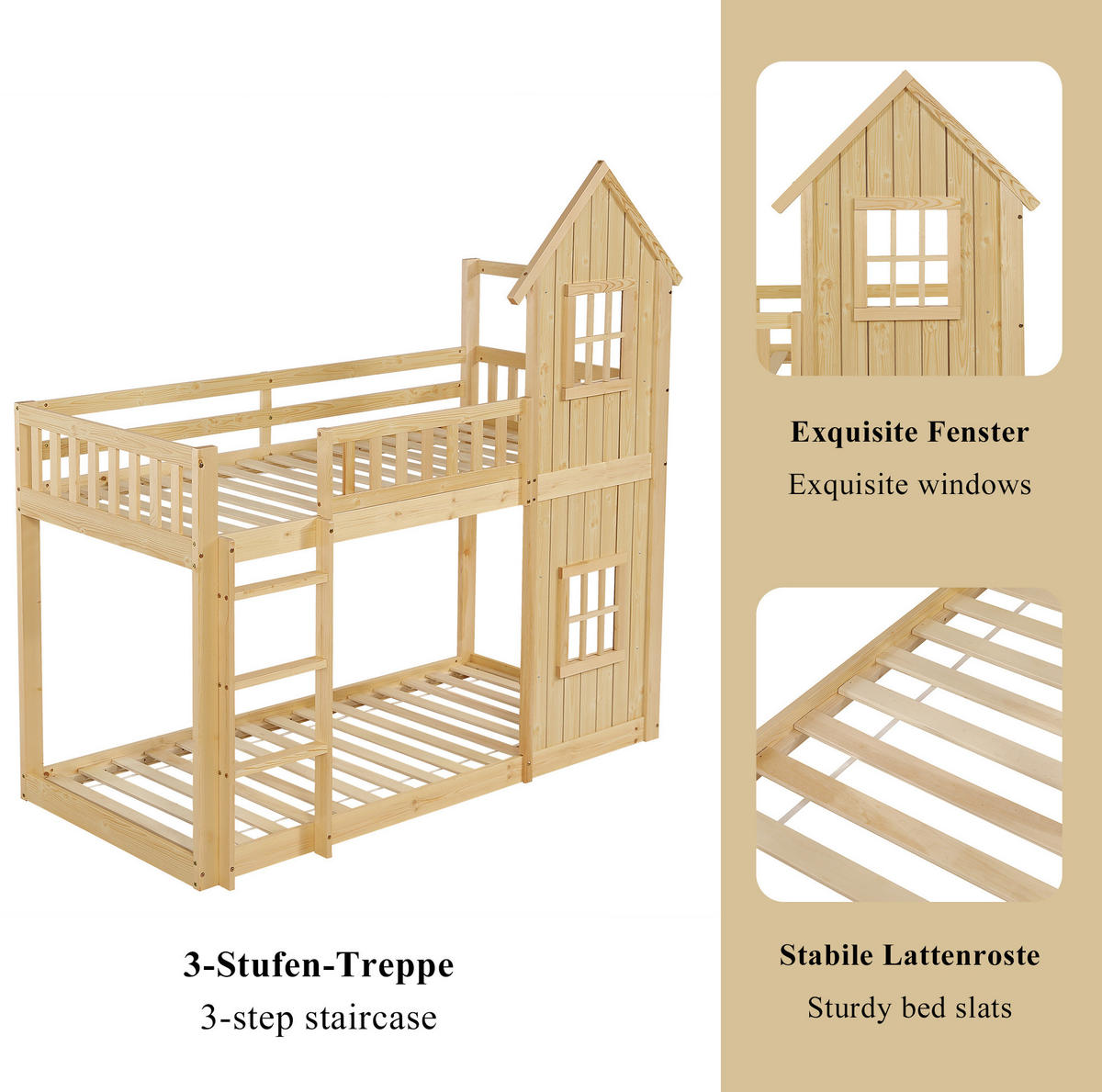 ETAGENBETT 90x200 cm in Natur mit Hausdesign, Treppe und Rundum-Schutz - Naturfarben, Holz (90/200cm) - IVMEU