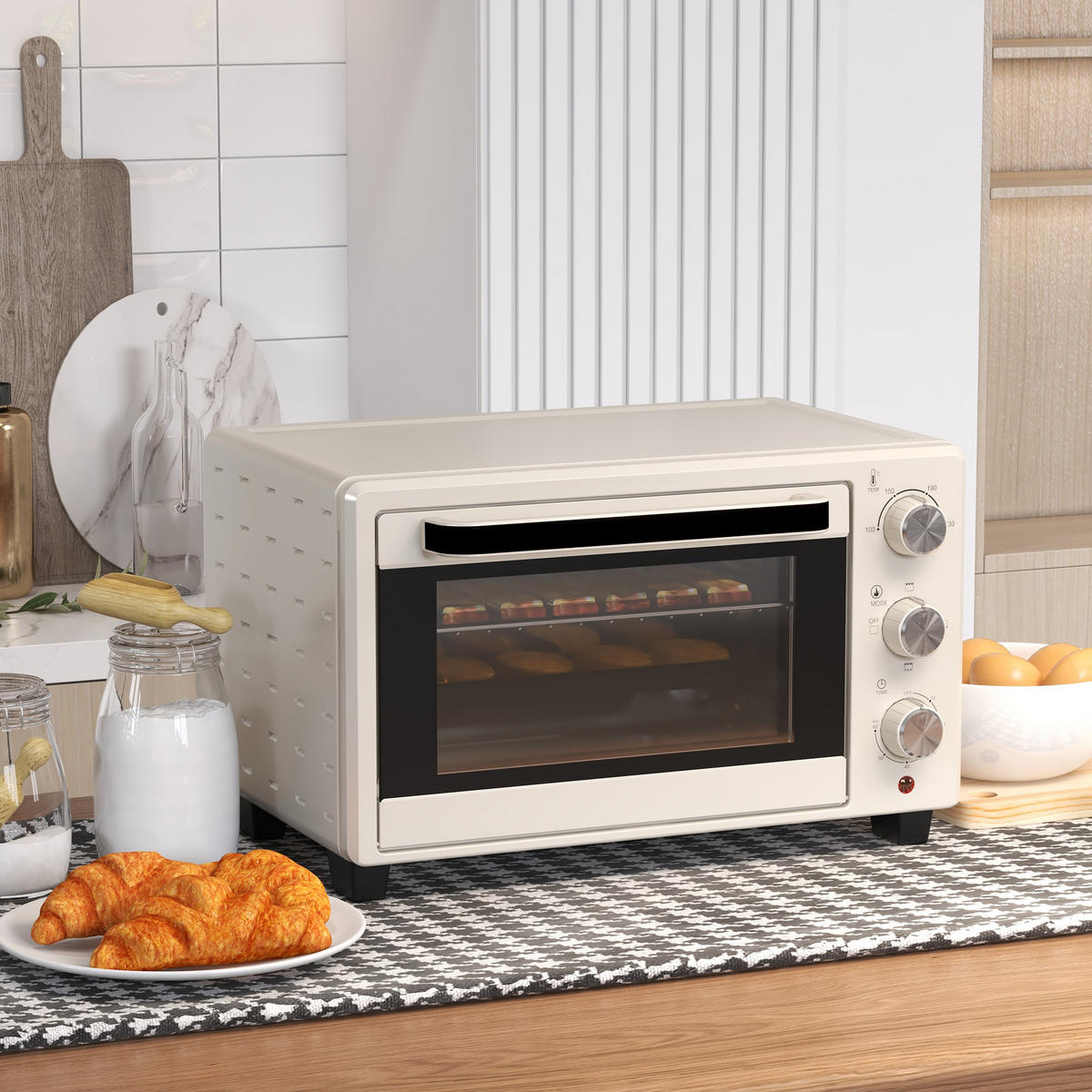 MINIBACKOFEN 21L mit Drehspieß, Edelstahl Mini Ofen mit Grillfunktion, Backblech & Grillrost, 3 Kochmodi, Cremeweiß - Beige, Metall (46/29/38.5cm) - Beaface