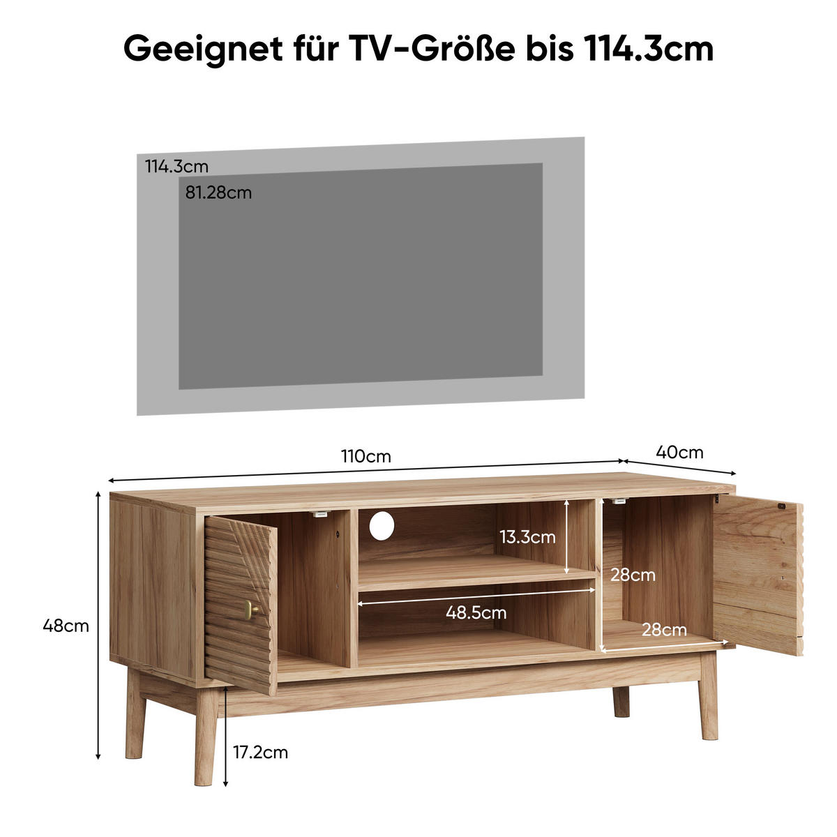 TV-SCHRANK 110 cm Eiche Natur mit 2 Türen, offenen Fächern & Kabelmanagement im Mid-Century-Stil - Eichefarben, Holzwerkstoff (110/48/40cm) - Urban Meuble