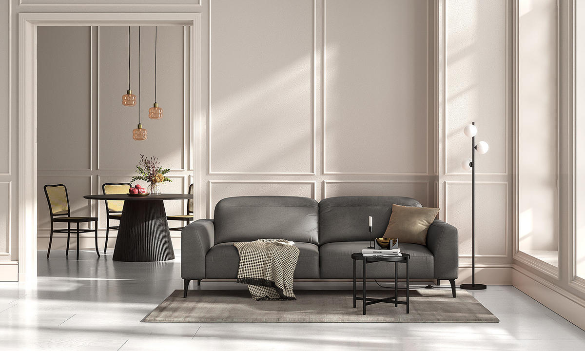 3-SITZER SOFA - Schwarz/Grau, Leder/Metall (233/73/107cm) - home24