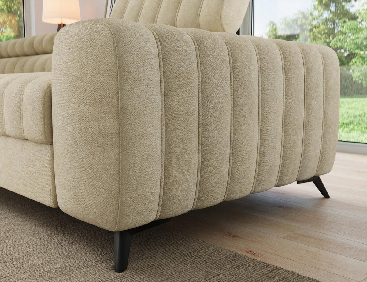 KANEDO Ecksofa mit Schlaffunktion und Bettkasten – Modernes Designsofa, verstellbare Kopfstützen, Metallfüße - Beige, Kunststoff (269/86cm) - Wohnideebilder