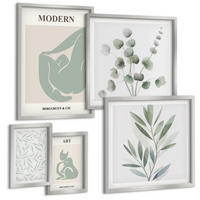 BILDER SET 5er Set - 50x50 cm & 20x30 cm & 40x60 cm Silberner Rahmen - Pflanzenmotive, zartes Grün - Silberfarben, Kunststoff (40/60cm) - TULUP