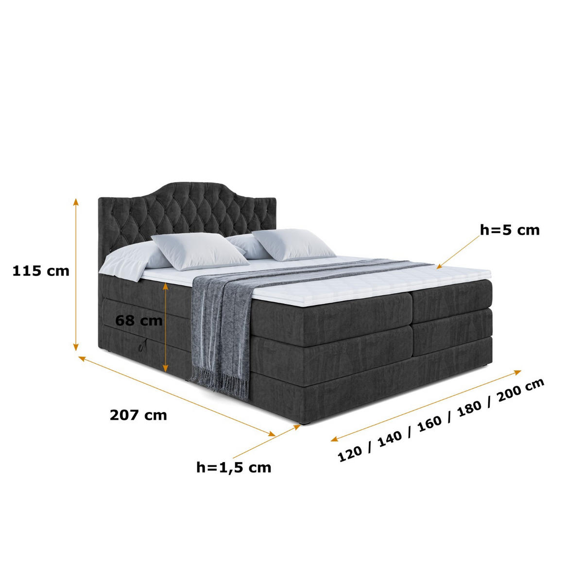 BOXSPRINGBETT VILA-1 KING - 200x200 - H3/H4 - Schwarz - Schwarz, Holzwerkstoff (200/200cm) - ALTDECOR