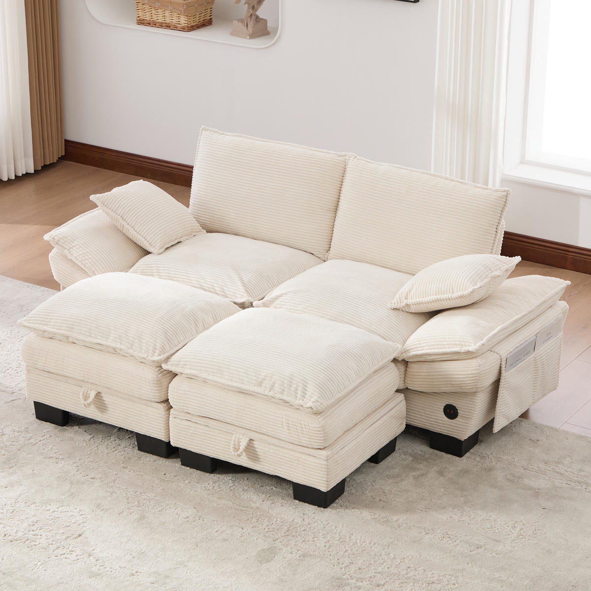 2-SITZER SOFA Cord Beige mit USB-C und Seitentaschen - Beige, Holzwerkstoff/Kunststoff (190/84/132cm) - WISHDOR