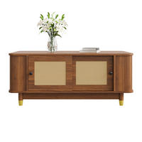 COUCHTISCH nussbaum-optik & rattan schiebetüren & abgerundete ecken - Walnussfarben, Holzwerkstoff (50/100/42cm) - Urban Meuble