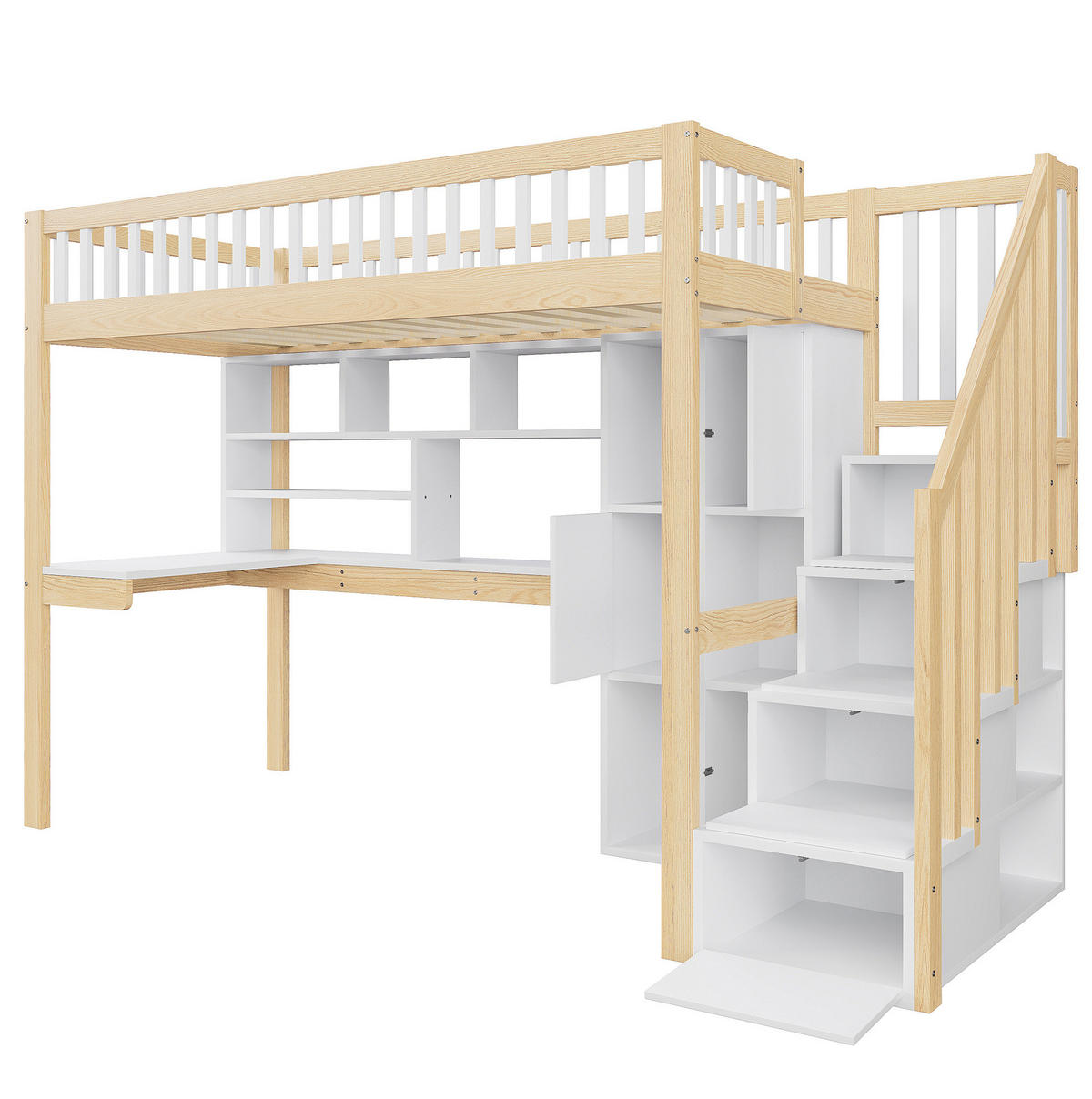 HOCHBETT 90/200 cm aus Kiefer und MDF mit LED, Stauraumleiter und Schreibtisch Weiß/Natur - Naturfarben, Holz (90/200cm) - Modenvie