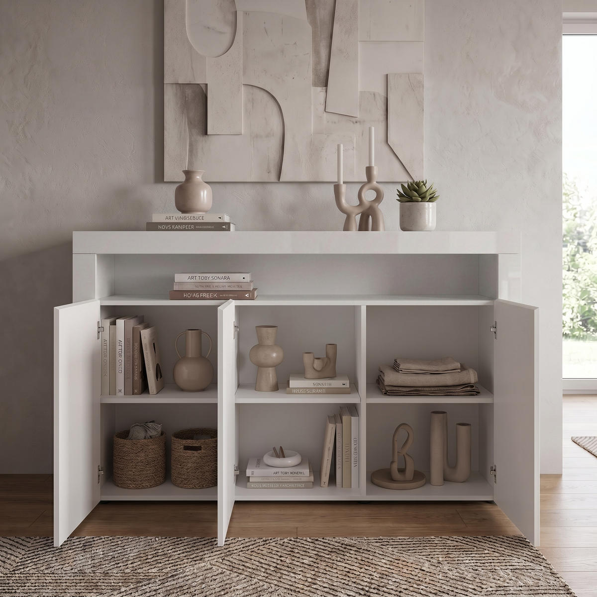 SIDEBOARD Valencia Weiß Hochglanz / Weiß Hochglanz - Weiß Hochglanz, Holzwerkstoff (155/92/40cm) - Vladon