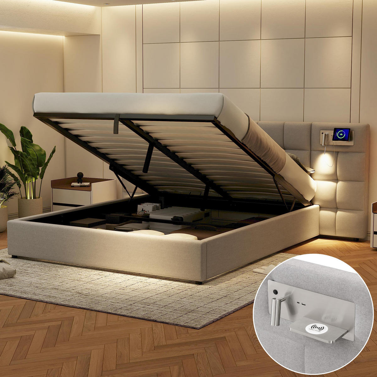 POLSTERBETT 180/200 cm Grau mit Stauraum, USB und kabelloser Ladefunktion - Grau, Textil (180/200cm) - Flora Grace