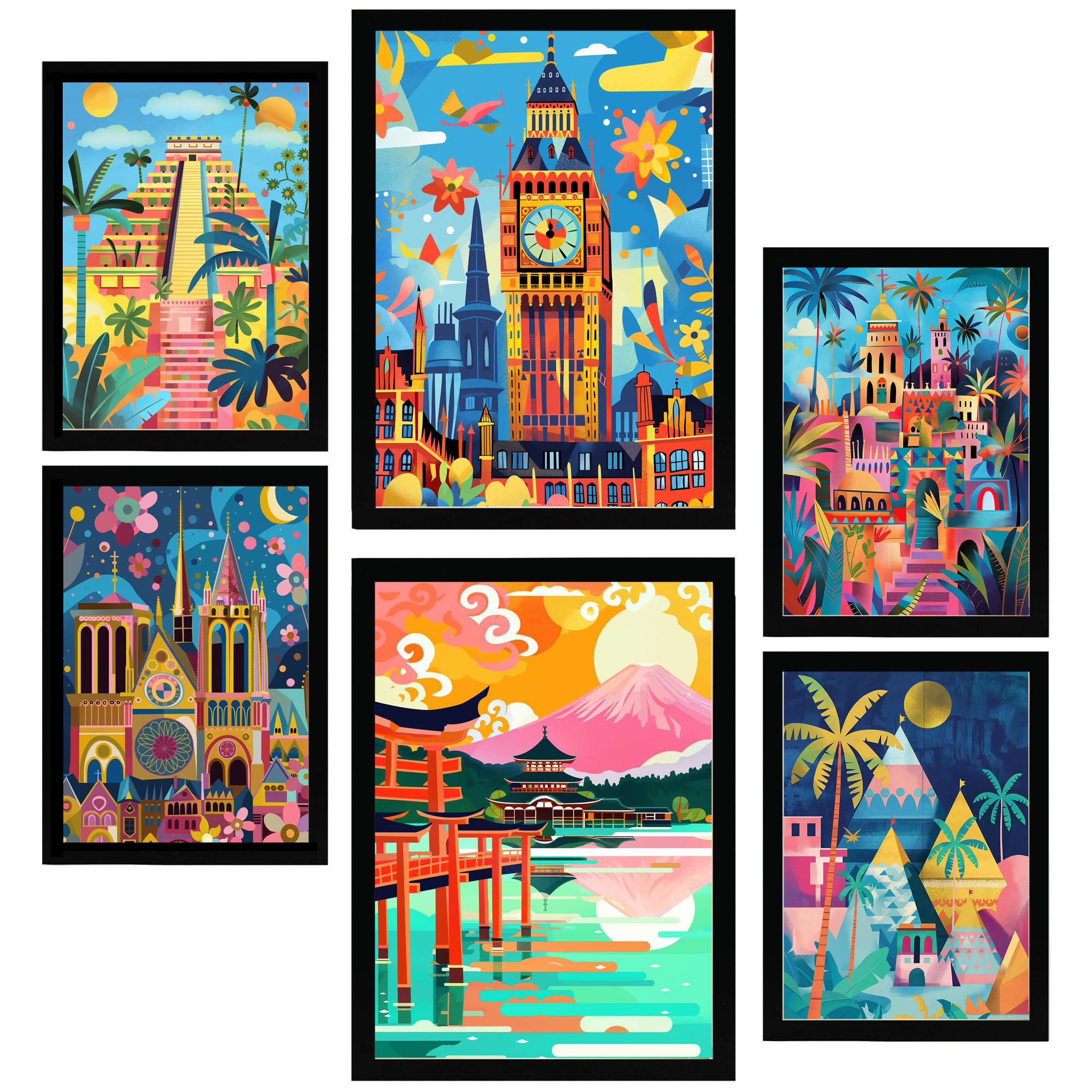 POSTER Set Mit 6 Von Mary Blair Inspirierte Luxor Big Ben Ägypten Chichen Itza Notre Dame Itsukushim A3 & A4 Schwarzer Rahmen - Schwarz, Papier (29/3cm) - Nacnic