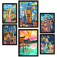 POSTER Set Mit 6 Von Mary Blair Inspirierte Luxor Big Ben Ägypten Chichen Itza Notre Dame Itsukushim A3 & A4 Schwarzer Rahmen - Schwarz, Papier (29/3cm) - Nacnic