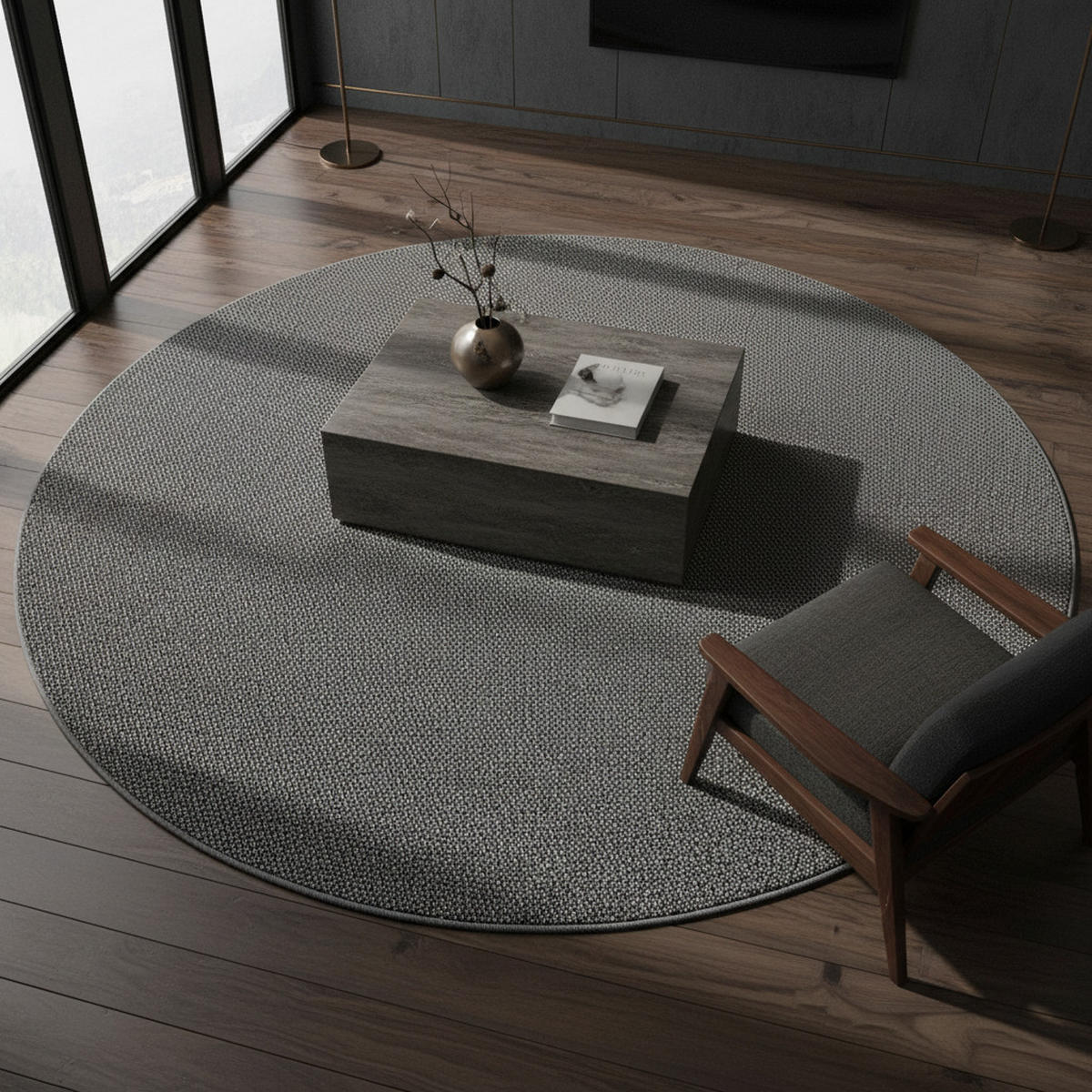 TEPPICH Kurzflor Flachgewebe Uni-Design Polypropylen Wohnzimmer Grau Rund 120x120 - Grau, Textil (120/120cm) - KADIMA DESIGN