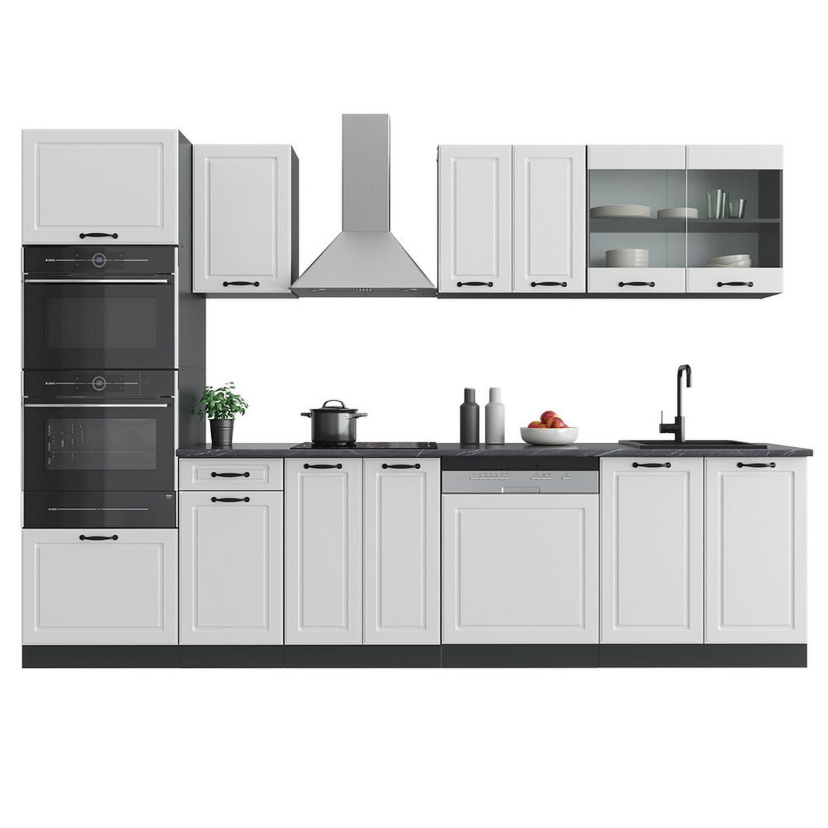 KÜCHENZEILE R-Line Weiß Landhaus/Anthrazit 300 cm mit Hochschrank AP Eiche - Anthrazit/Creme, Holzwerkstoff (300/81.6/60cm) - Vicco