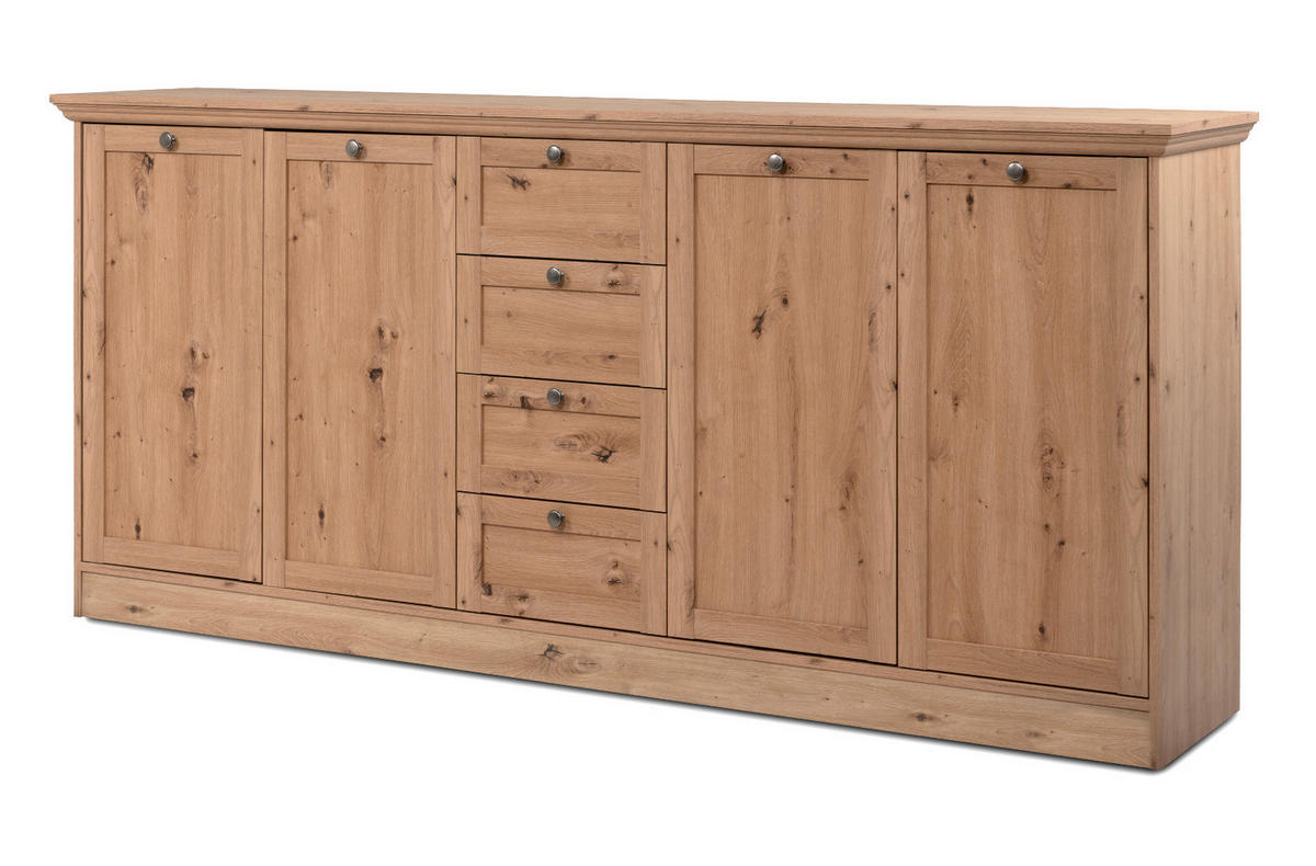 SIDEBOARD Eiche Artisan 200 cm Landhaus, Kommode mit viel Stauraum - Eichefarben/Silberfarben, Holzwerkstoff/Metall (200/90/40cm) - Furn.Design