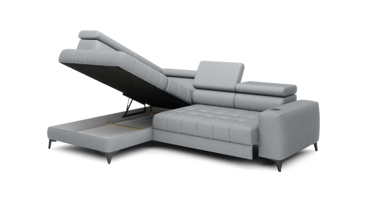ECKSOFA BAGGIO Letto Stoff, Schlaffunktion, Bettkasten, Sitztiefe, Kopfstützen 280x196cm – Links – Hellgrau - Hellgrau, Holz/Textil (196/280cm) - DomoHome