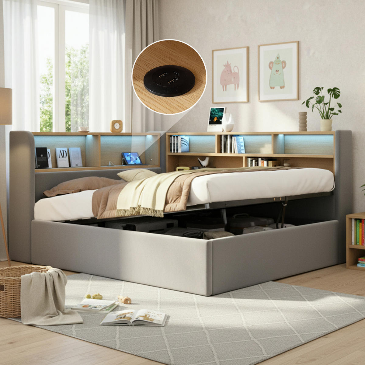 JUGENDBETT 140/200 cm in Grau Samt mit Bettkasten, LED und USB - Grau, Holzwerkstoff/Textil (140/200cm) - WISHDOR