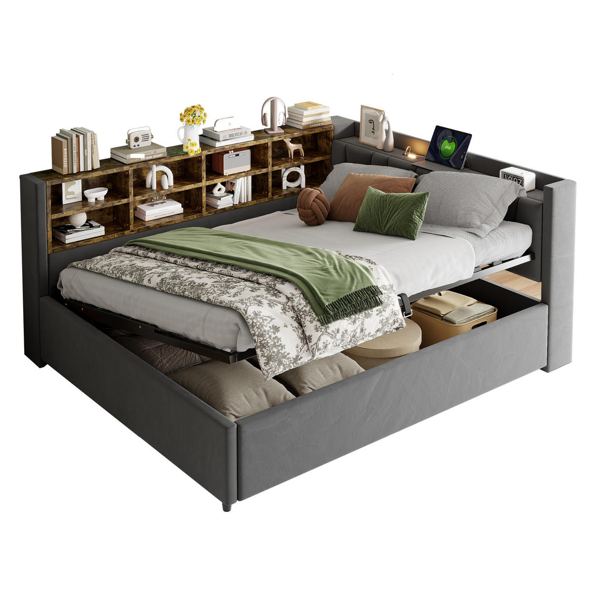 POLSTERBETT 140/200 cm in Dunkelgrau mit Bettkasten, Nachtlicht, USB und Type-C - Grau, Holzwerkstoff/Textil (140/200cm) - CHICFURN