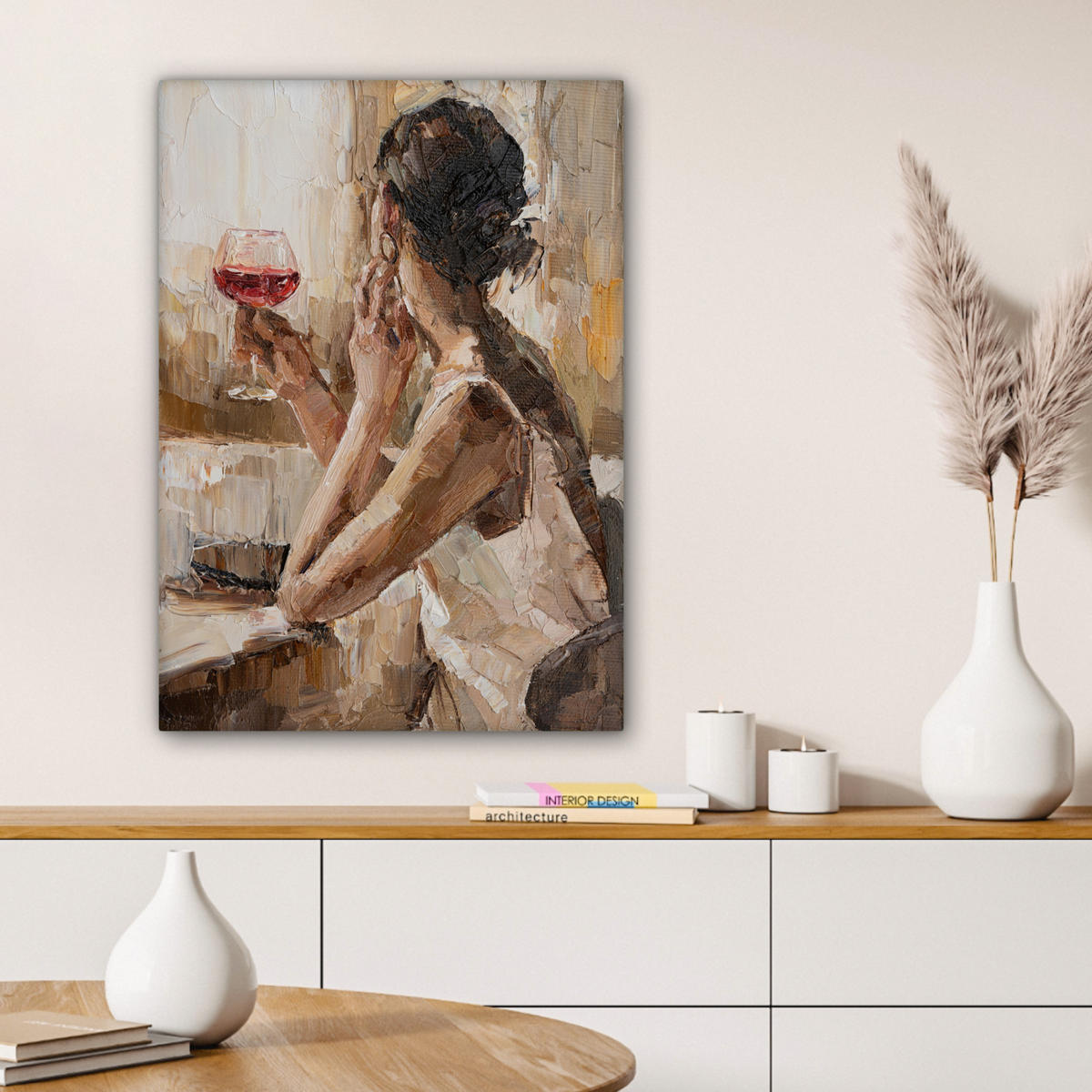 LEINWANDBILD Ölgemälde - Frau - Wein 60x80 cm - Hellbraun, Textil (60/80cm) - MuchoWow