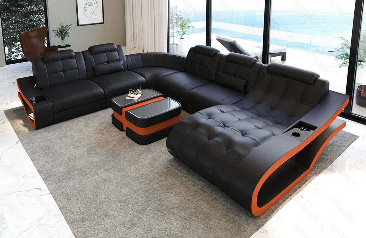 WOHNLANDSCHAFT Elegante Schwarz Orange Echtleder - Schwarz, Leder (379/91/283cm)