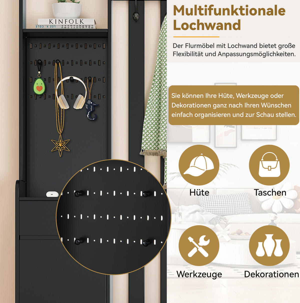 PŘEDSÍŇOVÁ stěna 180/100/35 cm černá z MDF s lavicí a perforovanou deskou - černá, kompozitní dřevo (100/180/35cm) - OKWISH