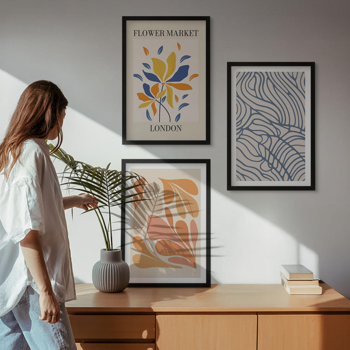 WANDBILDER 3er-Set - 40x60 cm Schwarzer Rahmen - Moderne abstrakte Blumen - Schwarz, Kunststoff (40/60cm) - ArtPrintCave