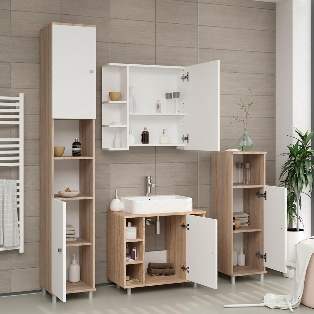 BADMÖBEL-SET Fynn Sonoma 2 Teile - Weiß/Sonoma Eiche, Holzwerkstoff (60/54/32cm) - Vicco