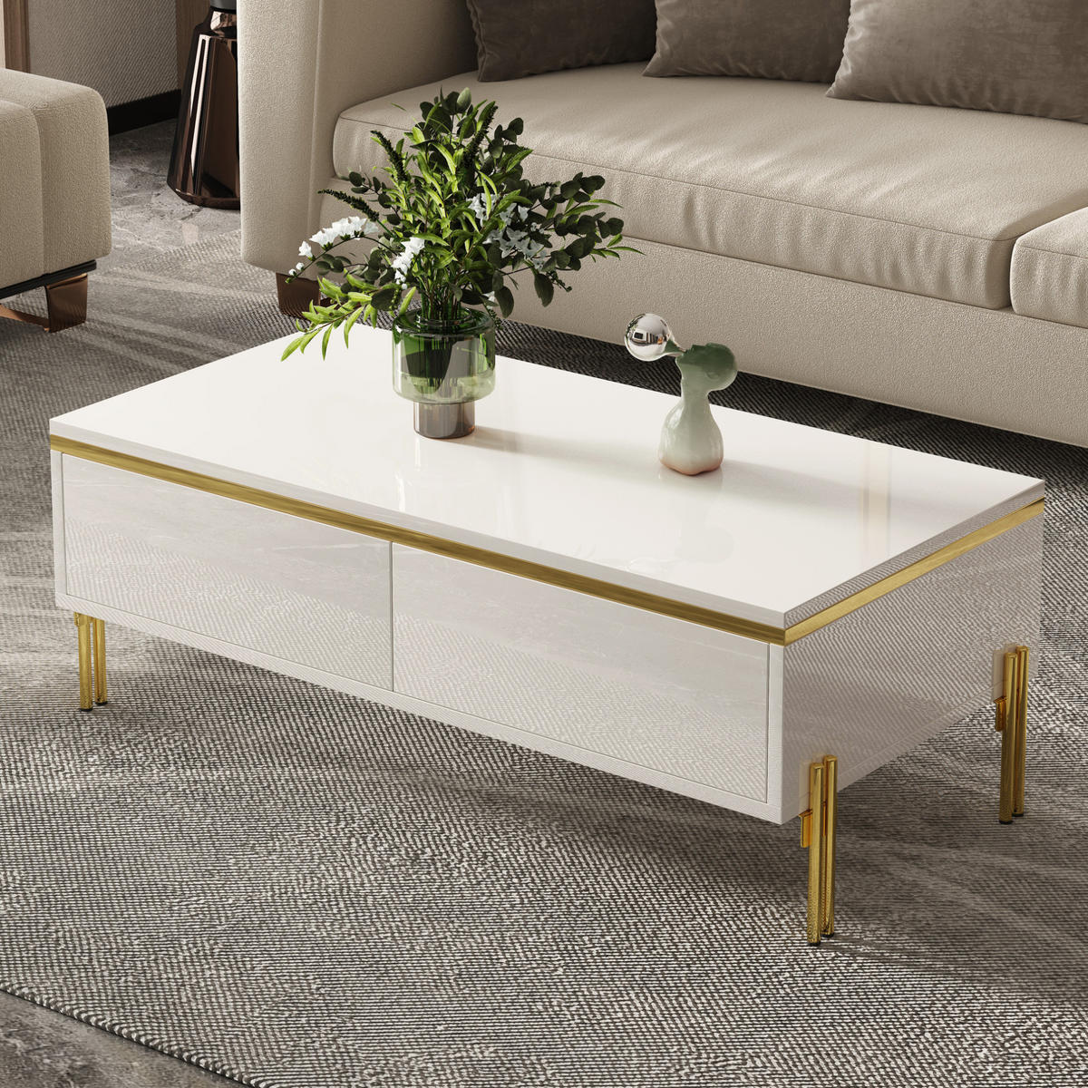 COUCHTISCH aus Spanplatte 100x50x36 cm Weiß mit beidseitigen Schubladen und Metallbeinen - Weiß, Holzwerkstoff (100/50/36cm) - IVMEU