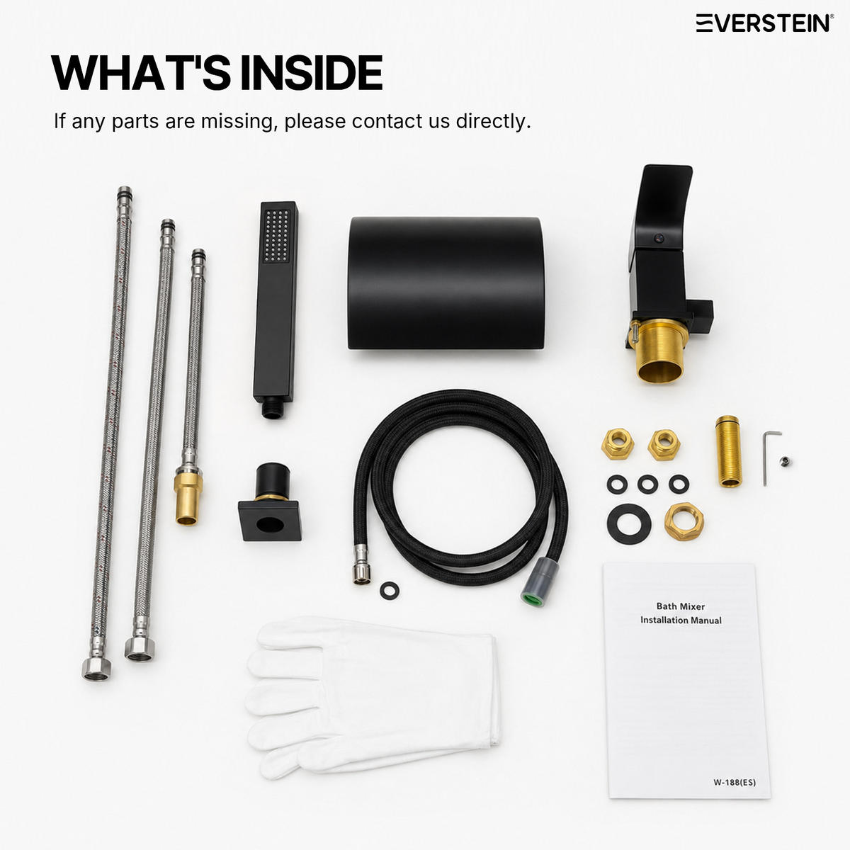 BADEWANNENARMATUR SFS-5004 Schwarz Matt, 3-Loch, Wasserfallauslauf 180 mm, Handbrause 200 mm, Einhebel - Schwarz, Metall (9/20/18cm) - Everstein