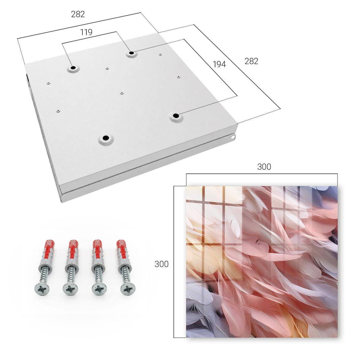 SCHLÜSSELBOX Weiß 30x30 cm – Türöffnung nach rechts - Pastellfarbene Federn - Pink, Metall (30/30/5cm) - TULUP