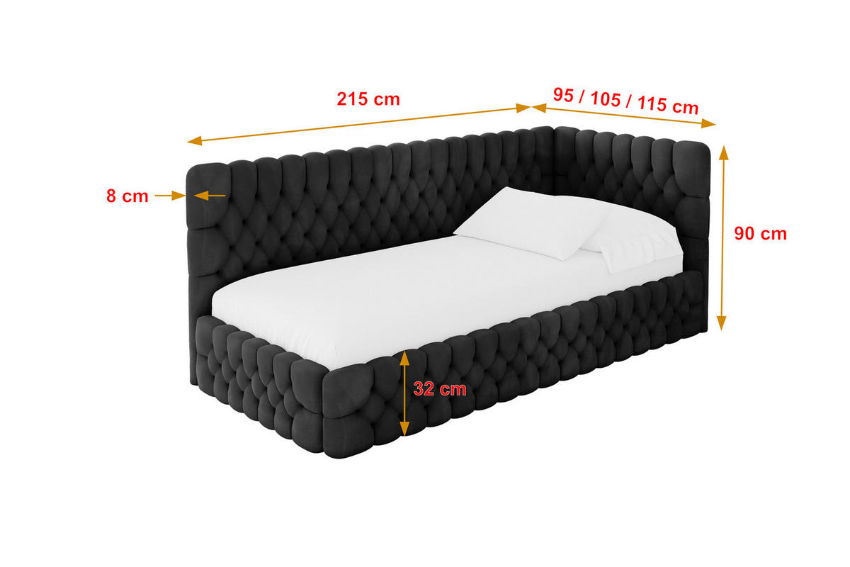 EINZELLBETT Jugendbett mit Bettkasten, Links - MULY 90x200 Schwarz - Schwarz, Holzwerkstoff/Textil (90/200cm) - ALTDECOR