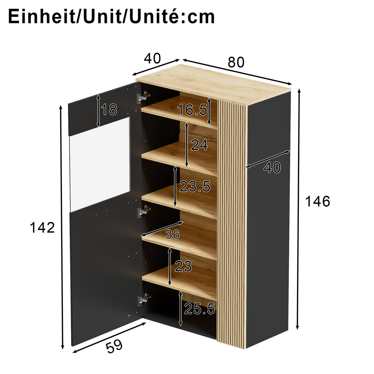 SIDEBOARD LED Glas Türen - Naturfarben, Holzwerkstoff (80/146/40cm) - Fortuna Lai