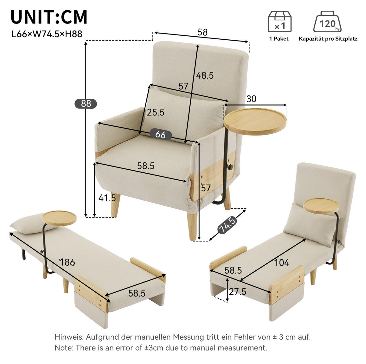 SESSEL 88/74.5/66 cm Beige aus Leinenstoff mit Schlaffunktion - Beige, Textil (88/74.5/66cm) - OKMYHOME