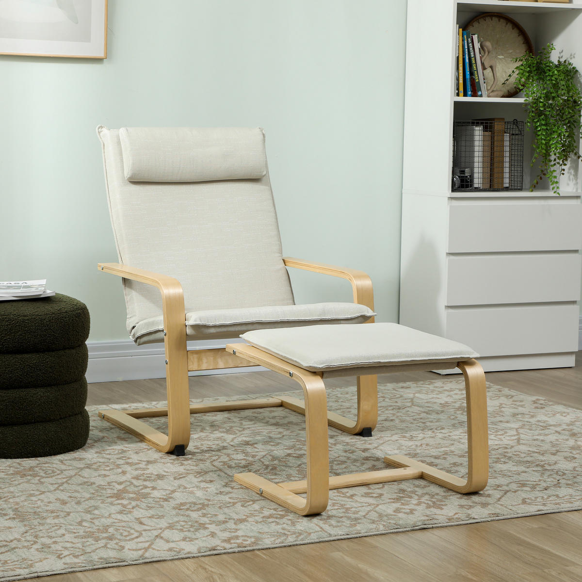 LESESESSEL hohe Rückenlehne abnehmbare Kopfstütze Holzbeine cremefarben Leinenbezug - Creme, Textil (78/92/67cm) - Vallsero