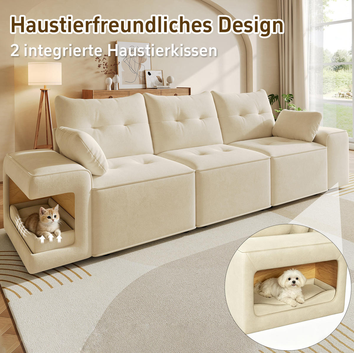 3-SITZER-SOFA 229,5/78/84 cm mit Stauraum, Haustiernischen und Samtbezug, Beige - Beige, Textil (229.5/84/78cm) - Redom