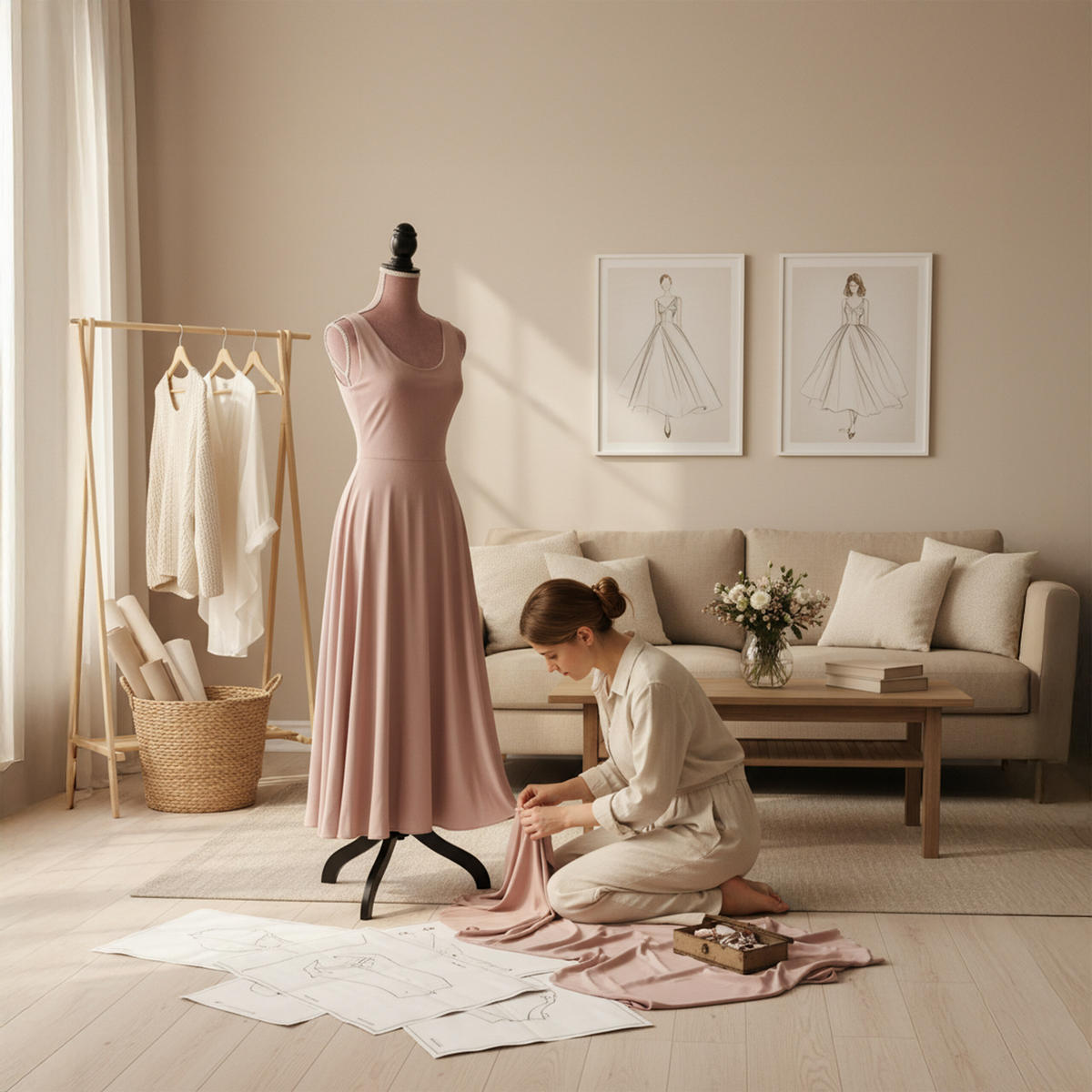 ŠICÍ panna - růžová, dřevo/textil (41/167/34cm) - Relaxdays