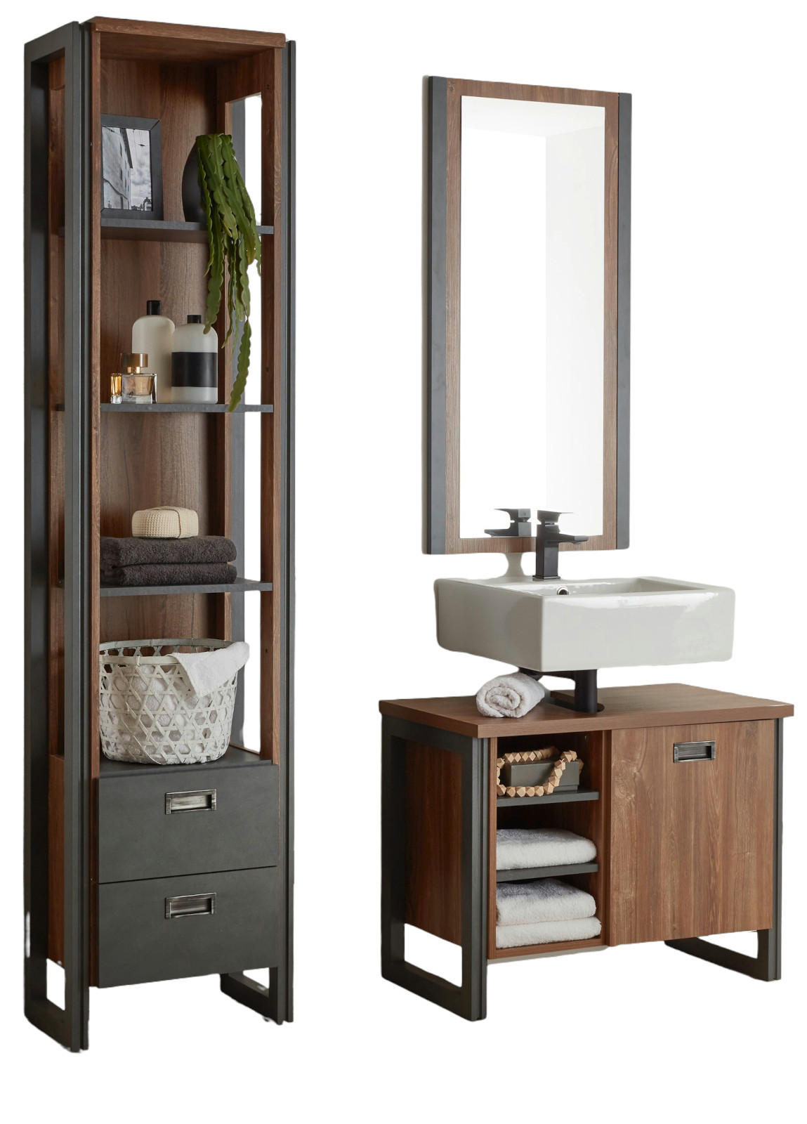 BADMÖBEL-SET 3-teilig Eiche Stirling, Matera grau, Badkombination 140 x 205 cm - Eichefarben/Silberfarben, Holzwerkstoff/Metall (140/205/40cm) - Furn.Design