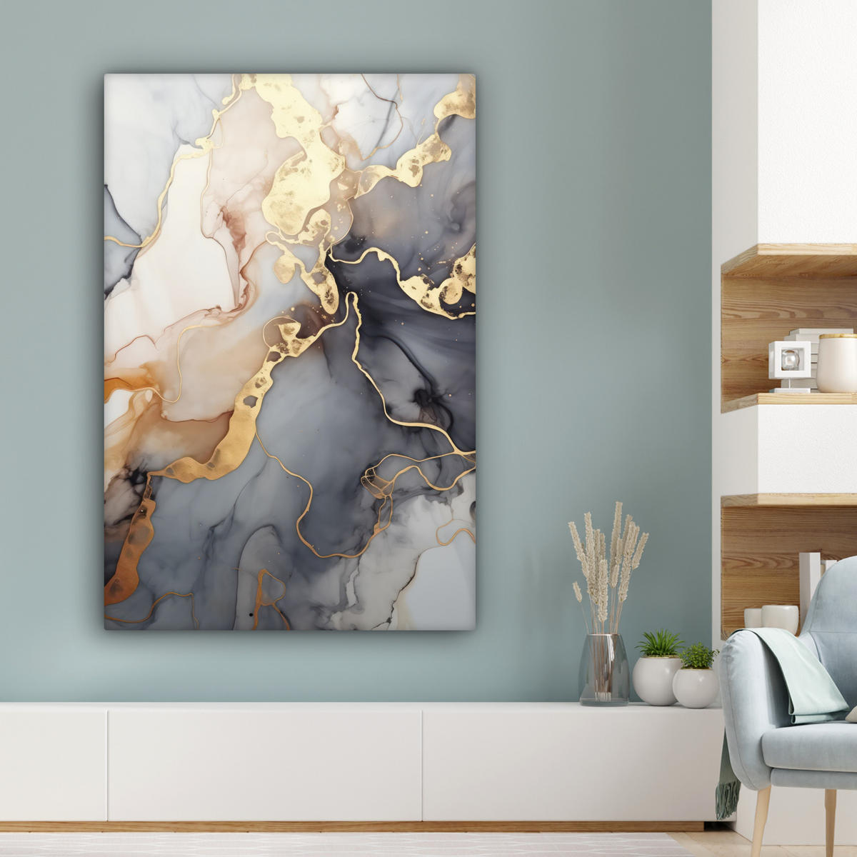 LEINWANDBILD Marmor - Schwarz - Gold - Weiß 80x120 cm - Dunkelgrau, Textil (80/120cm) - MuchoWow