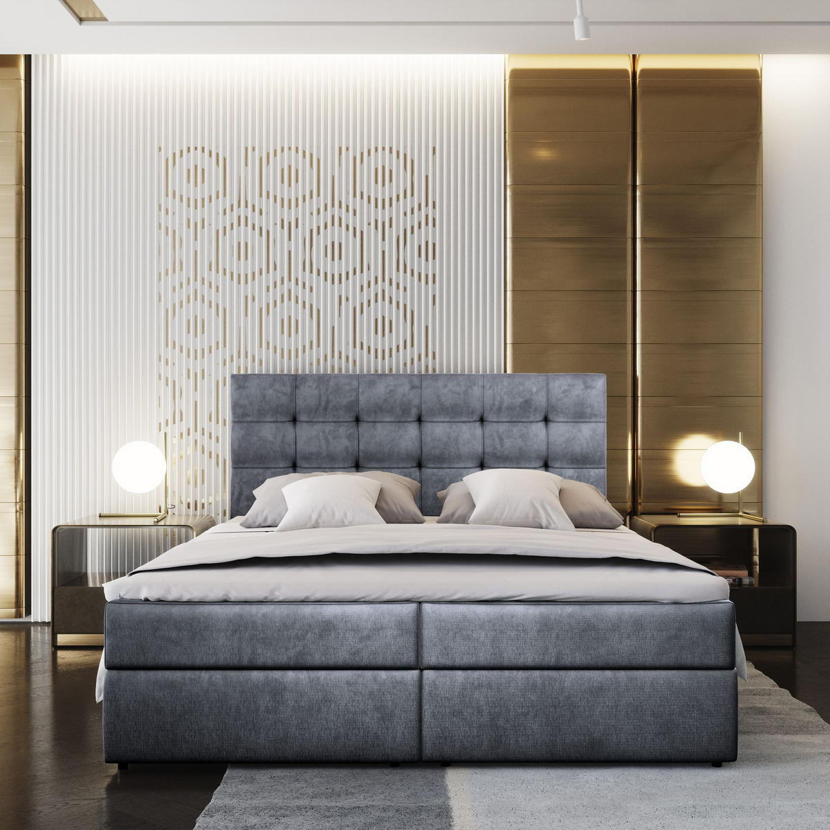 BOXBETT GLOS M 160x200 cm mit Matratze und Topper - Grau - Grau, Holz (160/200cm) - MASSENO