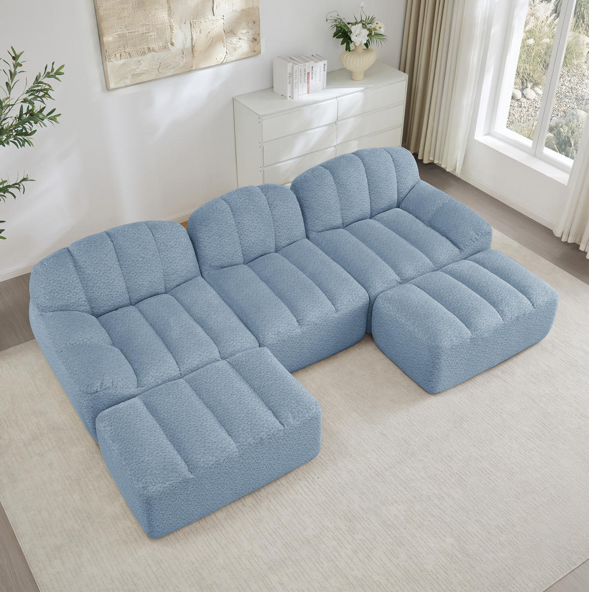 SOFA modular U-/L-Form 3-Sitzer Blue Granular Fleece - Blau, Kunststoff (165/79/288.1cm) - Meubliv