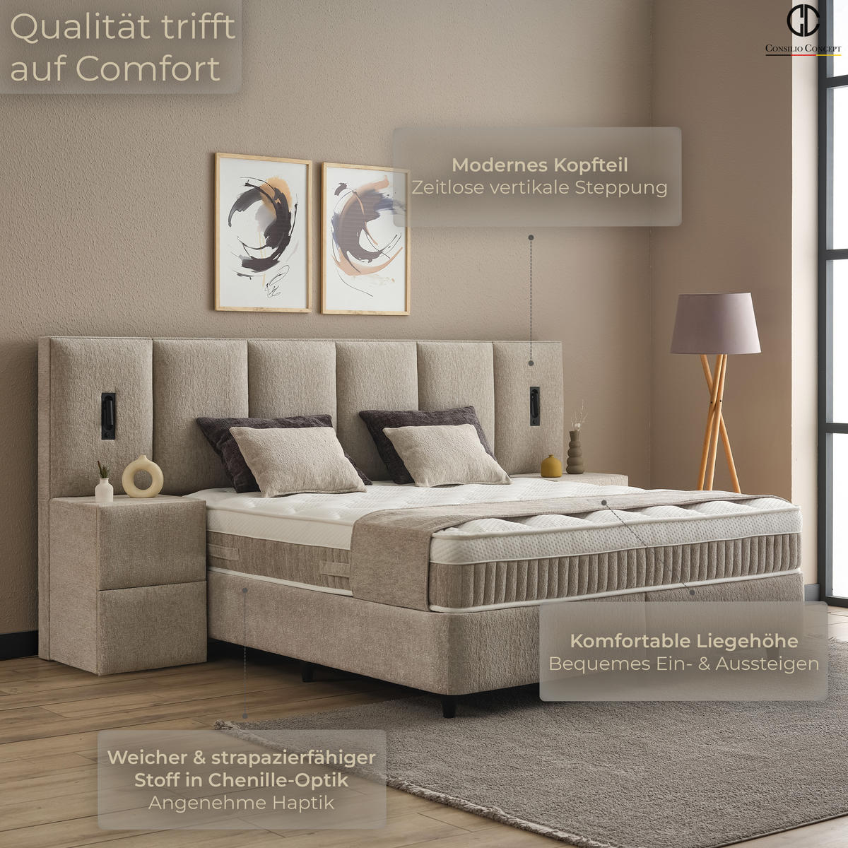BOXSPRINGBETT MIT BETTKASTEN DAVIS 180/200 cm, Helltaupe, mit Leuchten, Bettkasten, Matratze, Topper integriert, H3 mittel - Taupe/Schwarz, Holz/Kunststoff (180/200cm) - Consilio Concept