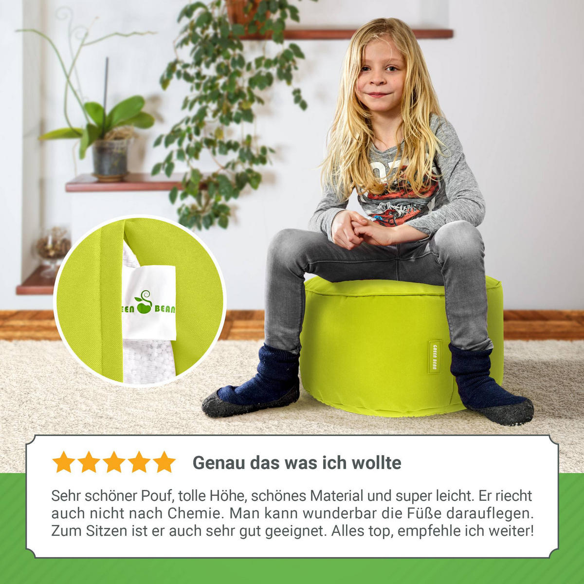 SITZSACK-HOCKER Pouf "Stay" 45x25cm - Hellgrün, Textil (45/25/45cm) - Green Bean
