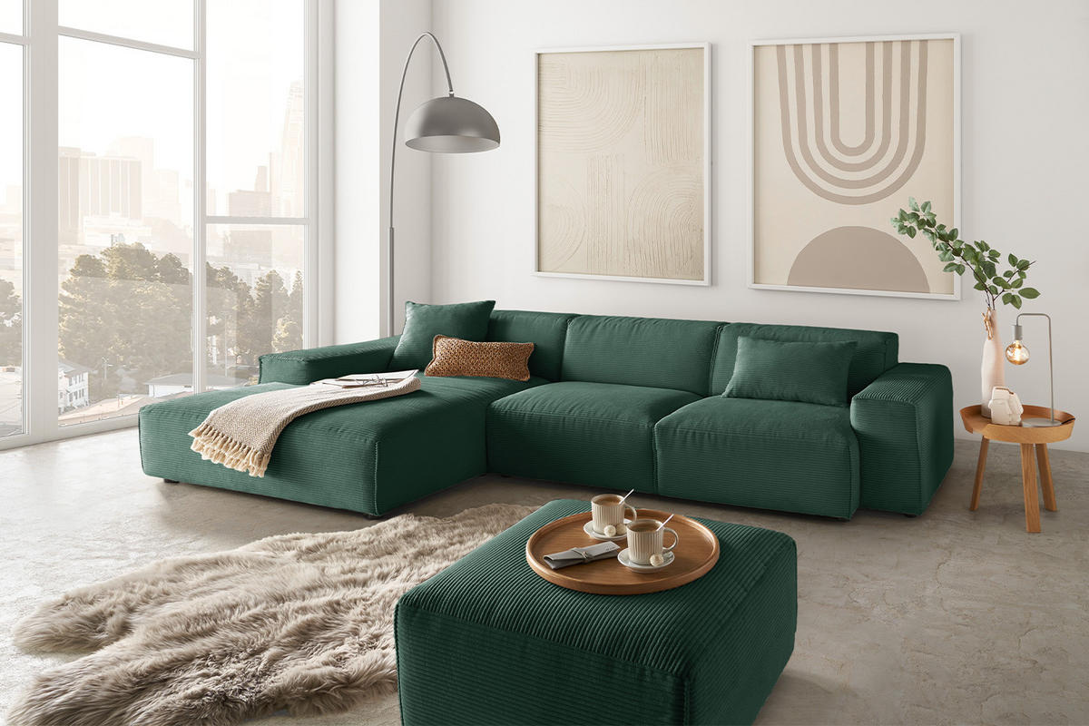 ECKSOFA RANI Smaragdgrün Cord - Smaragdgrün/Schwarz, Kunststoff/Textil (299/189cm) - KAWOLA