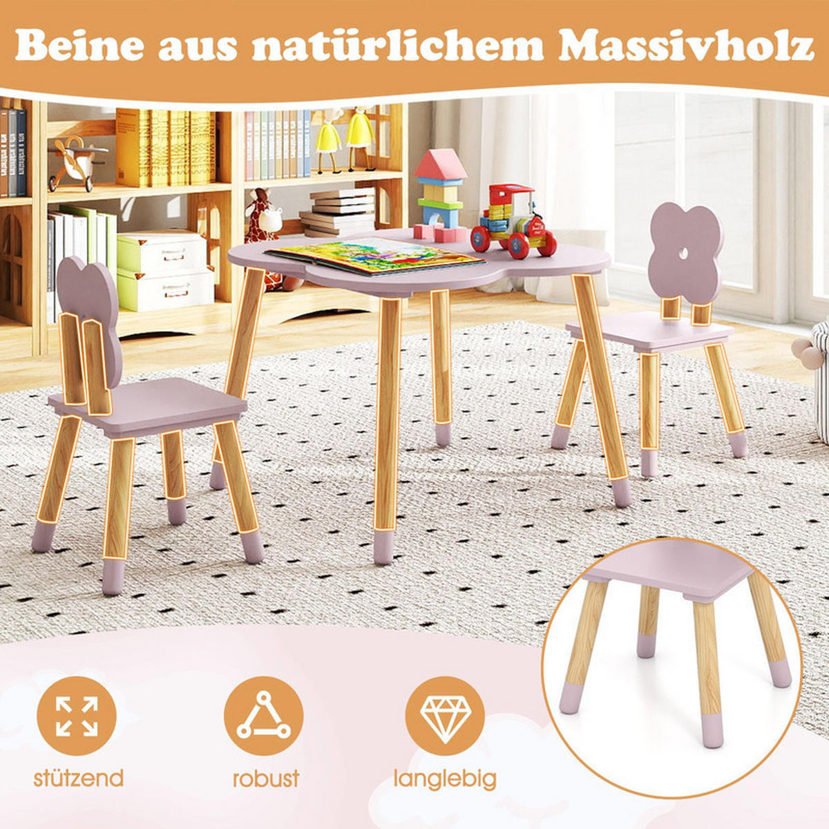 KINDERTISCH mit stuhl rosa(3-tlg) - Pink, Holzwerkstoff (60/44/60cm) - COSTWAY