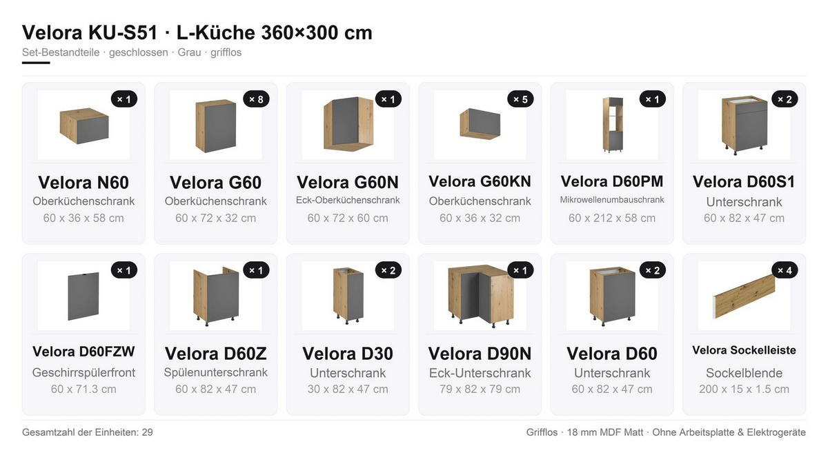 WINKELKÜCHE 360 x 300 cm VELORA – KU-S51 – Grau - Grau, Holzwerkstoff (360/248/300cm) - hi-markt