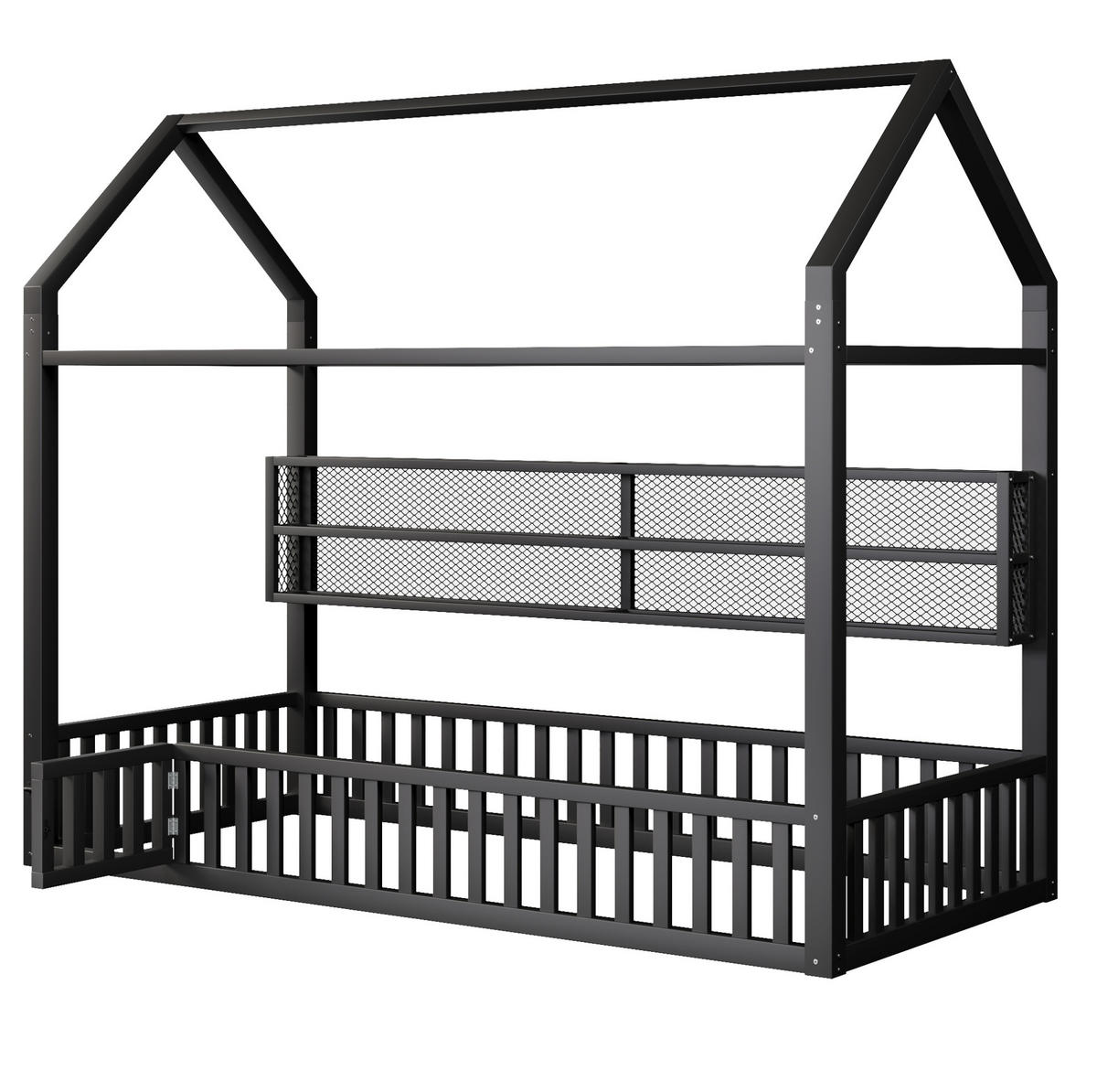 KINDERBETT 90/200 cm in Hausform aus Metall mit Sicherheitszaun und LED - Schwarz, Metall (90/200cm) - BEAOK